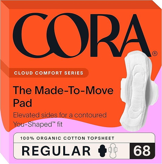 Cora Regular Pads with Wings, Made-to-Move, Organic Cotton Topsheet Ultra Thin Feminine Care Pads for Women, Soft, Comfortable & Breathable Menstrual Pad, Regular Absorbency, Unscented, 68 Count