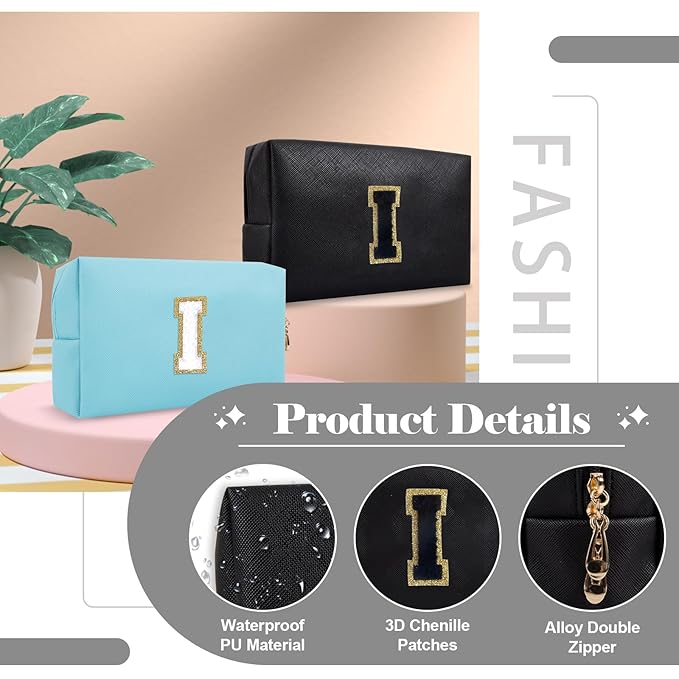 Personalized Initial A-Z Preppy Patch Makeup Bag,Small PU Chenille Letter Cosmetic Bag with Zipper for Teen Girls,Black Cute Toiletry Organizer Bag,Monogram Makeup Case Gift for Women Girls,Letter I