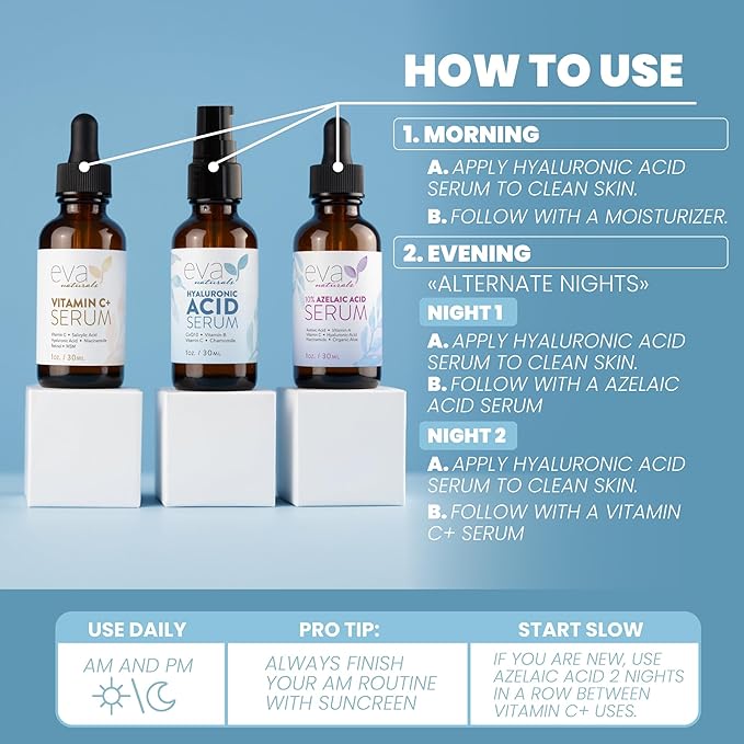 Eva Naturals Radiant Skin Serum Trio – Vitamin C+, Hyaluronic Acid & Azelaic Acid | Anti-Aging & Hydrating Face Serums for Dark Spots, Fine Lines, Acne & Redness