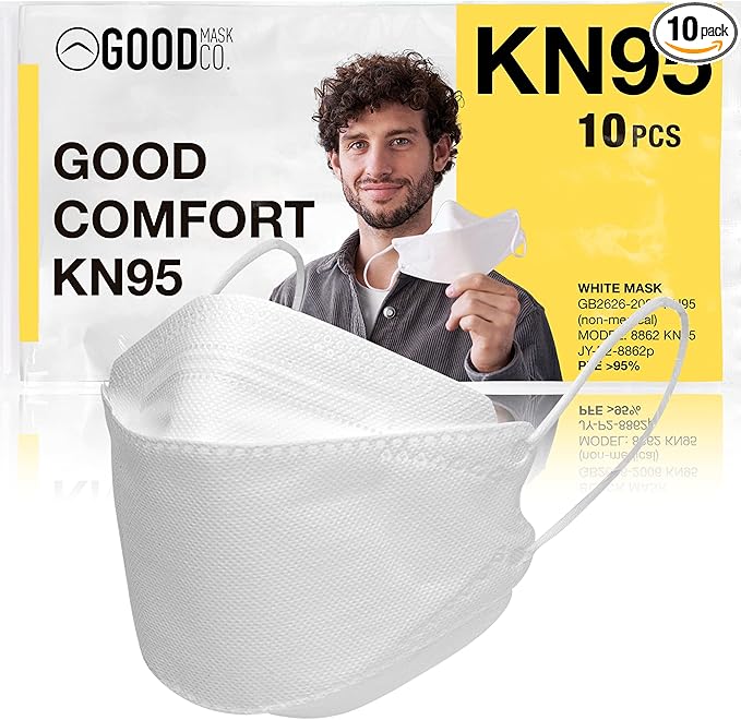 Good Mask Co. Good Comfort KN95 Face Mask, Disposable KN95 Face Mask, Folding, Filter Efficiency =95%, Comfortable Face Masks, Bulk Face Masks (10 Pack of Masks, White)