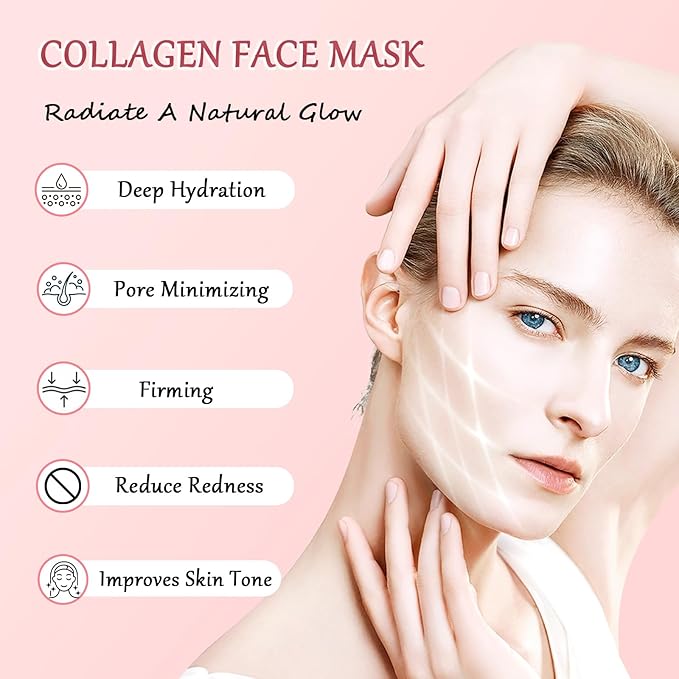 8 Pcs Collagen Real Deep Mask, Collagen Face Mask Overnight, Deep Hydrating, Anti Wrinkle Firming Lifting, Pore Minimizing, Elasticity Improvement, for All Skin Types, Gifts for Women