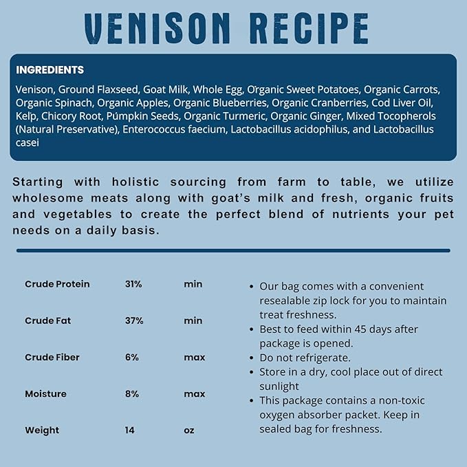 Freeze Dried Raw Dog Food, Venison Recipe, All Natural, No Synthetics, Made in USA with Goat's Milk & Organic Produce, High Protein, Complete Meal (14oz)