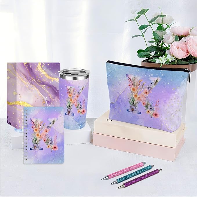 Personalized Gifts Monogrammed Birthday Gifts for Women, Soul Sister Bachelorette Party Wedding Christmas Initial 20 oz Tumbler, Makeup Bag Cup Pens Journal Notebook 6 Set, (Aesthetic Purple Flower K)