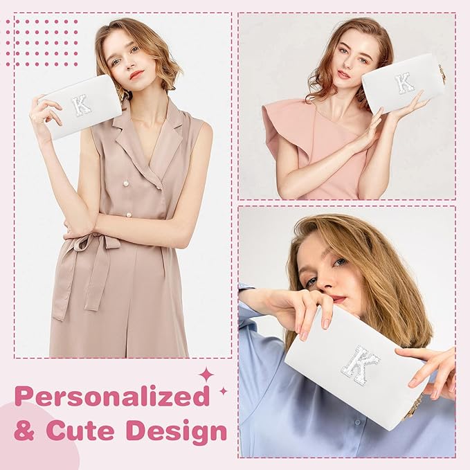Bride Gifts – Personalized Initial Makeup Bag with Pearl Rhinestone Patch, Preppy White Monogram Cosmetic/Toiletry Pouch, bridesmaid Gifts, Bridal Shower Gifts, Wedding Gifts, Bridal Gifts,K