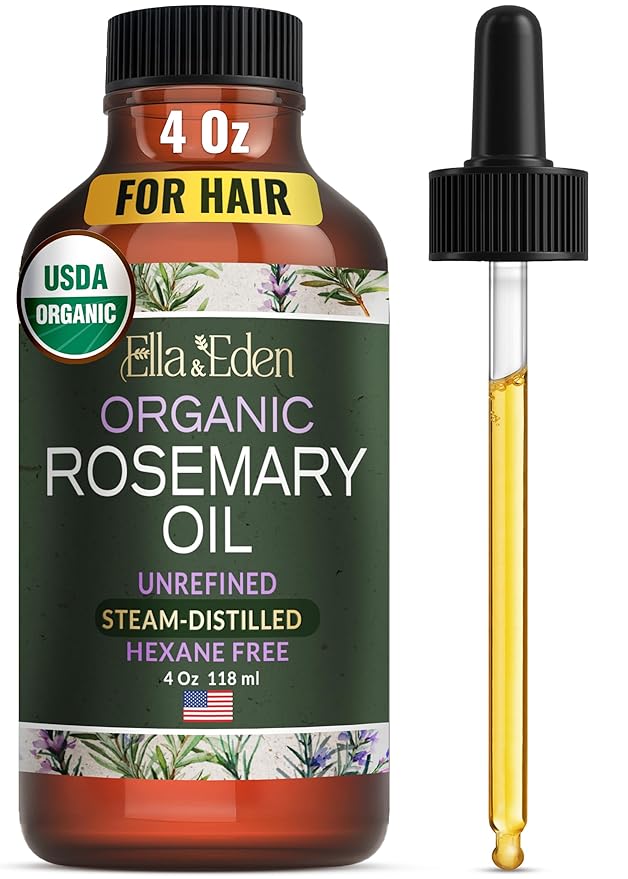 Ella & Eden Organic Rosemary Oil for Hair - 100% Pure, Steam-Distilled, Hexane-Free | Essential Oil for Skin Aromatherapy | Glass Bottle - 4 Oz