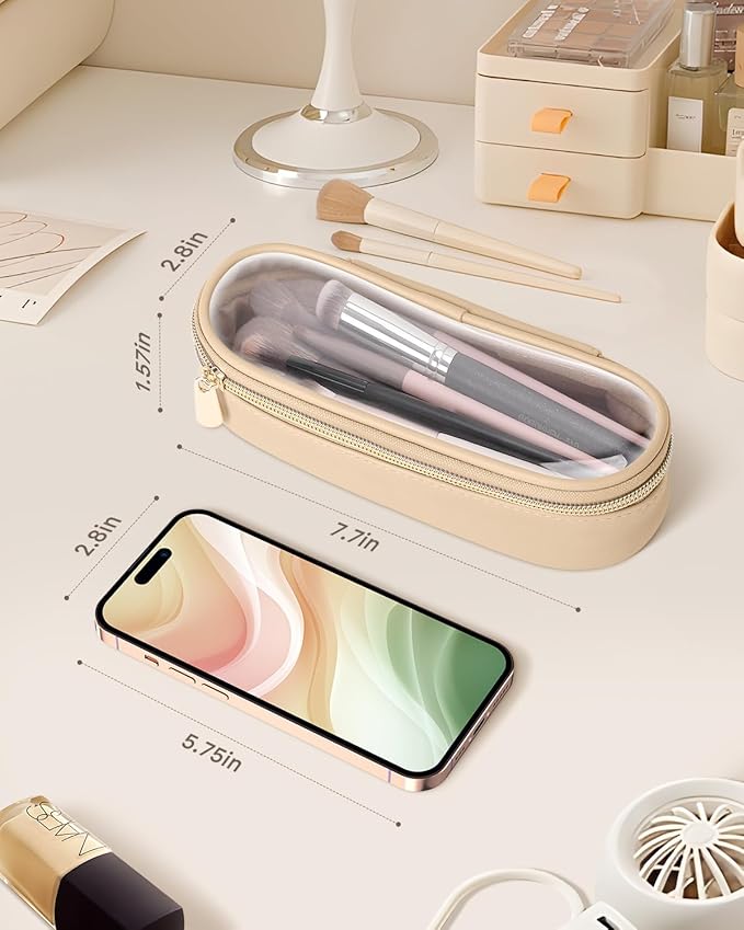 Clear Travel Makeup Brush Holder, Leather Makeup Brush Toiletry Bag, Portable Cosmetic Brush Case, Transparent Waterproof Makeup Brush Storage Bag, Khaki