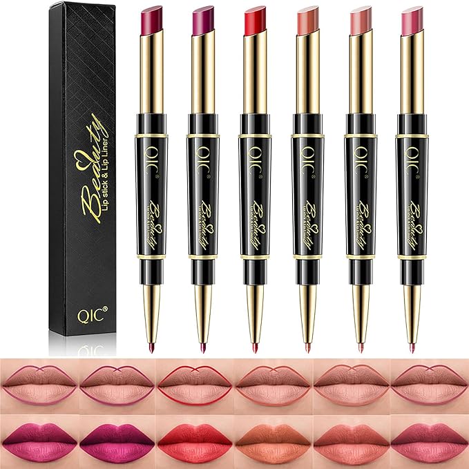 6Pcs Lip Liner and Lipstick Makeup Set, Purple Red/Claret/Vermilion/Pastel Orange/Rose/Ruby Red Lipstick Pen and with Lip Liner Pencil Set Lip Gift Set for Daily/Travel/Party/Work