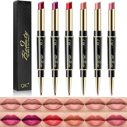 6Pcs Lip Liner and Lipstick Makeup Set, Purple Red/Claret/Vermilion/Pastel Orange/Rose/Ruby Red Lipstick Pen and with Lip Liner Pencil Set Lip Gift Set for Daily/Travel/Party/Work