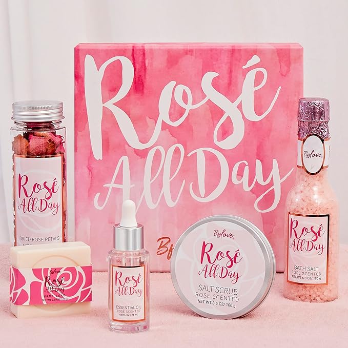 Spa Gifts for Women, Gift Set for Women, BFF LOVE 6Pcs Rose Spa Set for Women, Spa Kit with Essential Rose Oil, Bath Salt, Soap, Natural Petals, Christmas Gifts for Mom