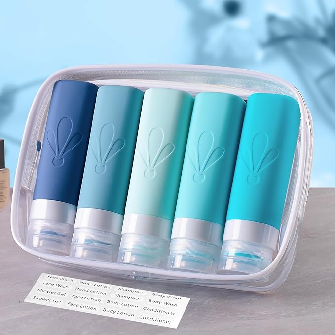 INSFIT Travel Bottles for Toiletries, TSA Approved 3oz Travel Size Containers, BPA Free Leak Proof Squeezable Silicone Tubes for Shampoo Conditioner Lotion Soap with Labels