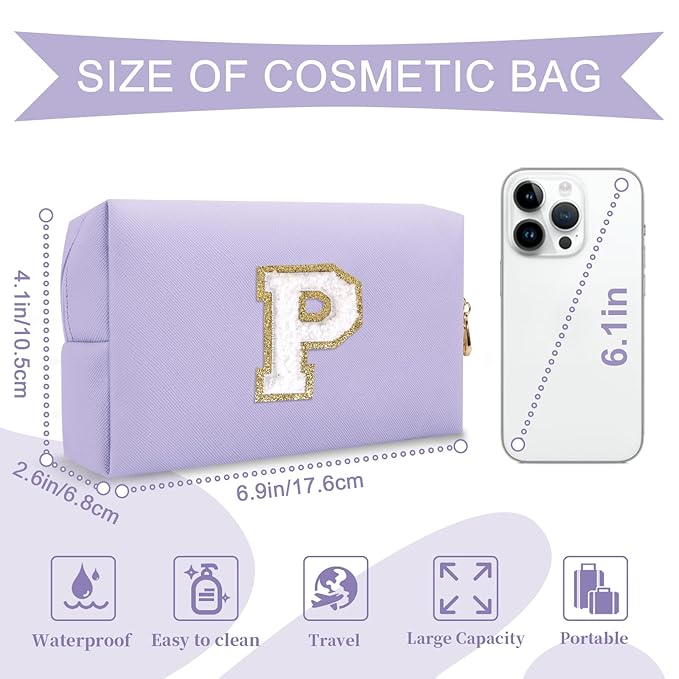 Personalized Makeup Bag Initial A-Z Preppy Patch Bag,Small PU Leather Travel Cosmetic Bag Pouch with Zipper,Purple Cute Toiletry Bag,Gift Ideal for Teen Girls Women Birthday Friend Mom,Latter P