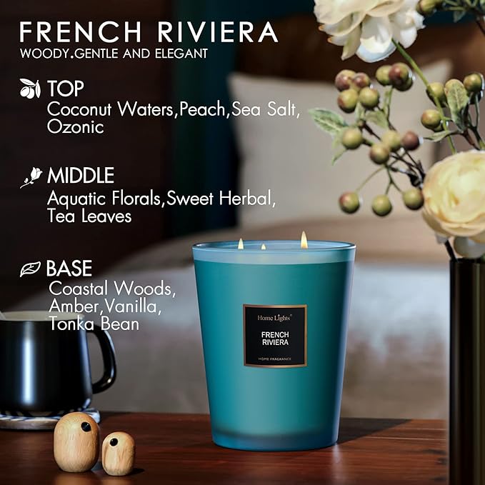HomeLights Scented Candles | Large Jar Candle - 33.3 Oz. Natural Soy Aromatherapy Candles | Up to 130 Hours Burn Time with 3 Cotton Wicks,Home Decorative Fragrance Candles Gift - French Riviera