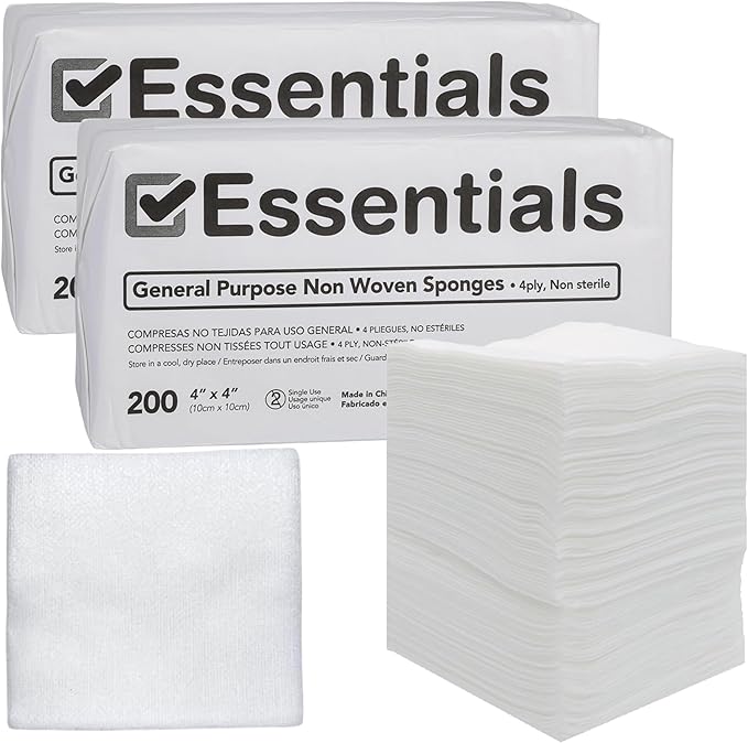 Essentials Non-Sterile Gauze Sponges - 200 Count (Pack of 2), 4-Ply, 4'' x 4'' Pads, Non-Woven - Wound Care Product for First Aid Kit/Medical Facilities