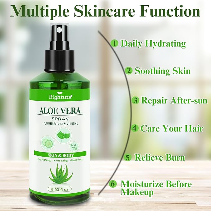 Aloe Vera Spray from Freshly Cut Pure Aloe, Aloe Vera for Skin& Hair, Aloe Vera Spray for Sunburn Relief, 6.93oz, Absorbs Rapidly, Infused wirh Cucumber Essence