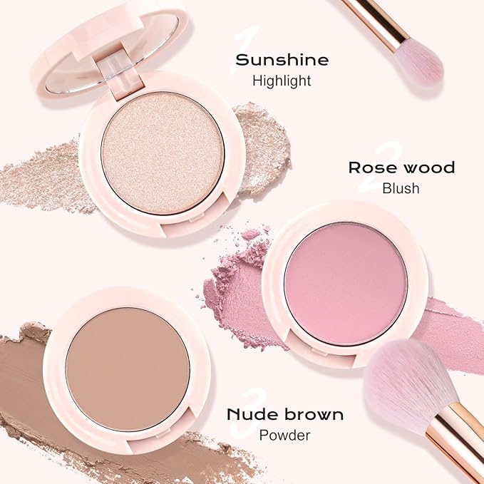 Color Nymph 3 Colors Contour Blush Highlighter Makeup Palette, Travel Size Make up Kit, Blush & Highlighter & Contour Powder Palette, Includes Brush and Mirror, Stacked Makeup Design （Pink）