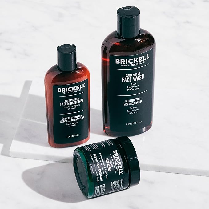 Brickell Men's Daily Advanced Face Care Routine I, Gel Facial Cleanser Wash, Face Scrub, Face Moisturizer Lotion, Natural and Organic, Unscented, Men's Skin Care Gift Set