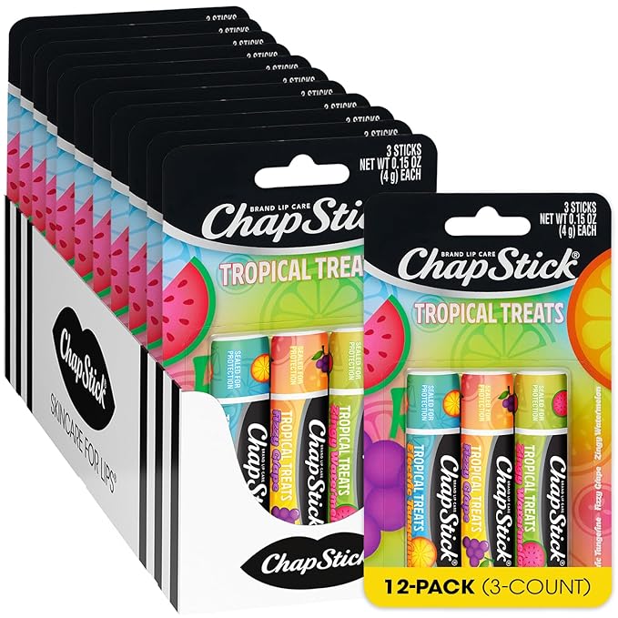 ChapStick Lip Care, Tropical Treats Collection (36 Sticks) – Electric Tangerine, Fizzy Grape & Zingy Watermelon, Bulk Lip Balm, 0.15 Oz Ea