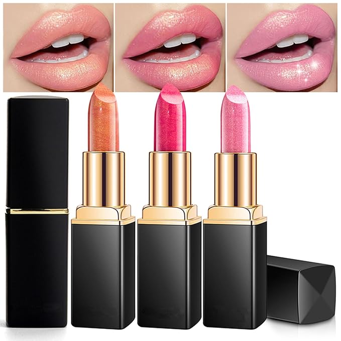 3Pcs Metallic Glitter Lipstick Set, Orange Rose Purple Pink Glitter Pearl Mermaid Shimmer Lipstick Sets for Women Waterproof Long Lasting 24 Hours Lip Stick Makeup Christmas Gift Sets-07#08#09#