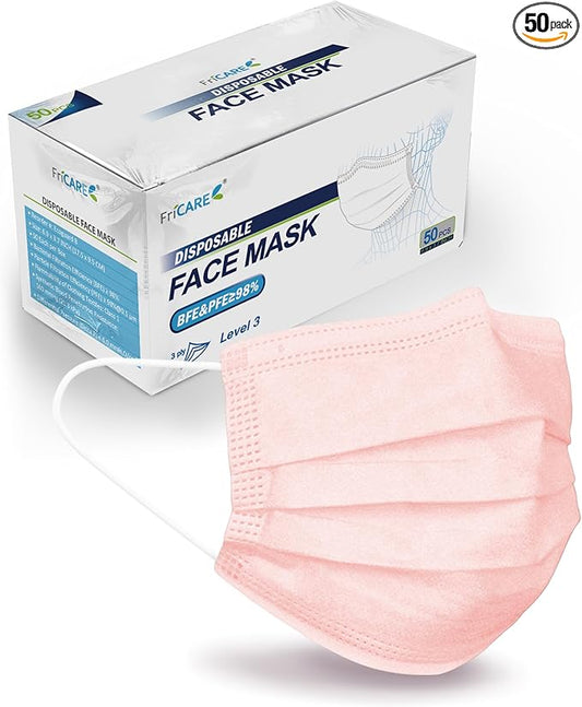 FriCARE Disposable Face Masks, 3-Ply ASTM Level 3 Medical Grade, FSA/HSA Eligible, Breathable & Comfortable for Allergy/Sun Protection, 50 Pack Pink