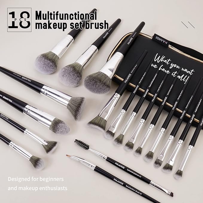 Makeup Brushes with Case, MAANGE 18 Pcs Professional Makeup Brush Set Premium Synthetic Face Kabuki Brush Kit Foundation Blush Powder Eyeshadow Brushes Set Christmas Gift (BlackSliver)