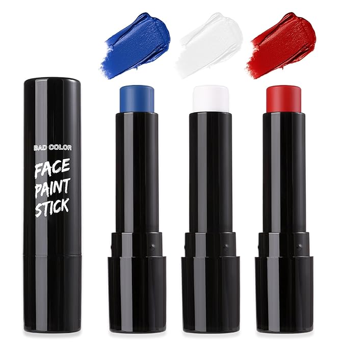 BADCOLOR 3PCS Blue White Red Face Body Paint Stick, Cream Blendable Eye Black for Softball Football Baseball Lacrosse American Flags, Professional Face Painting for Halloween SFX Independence Day