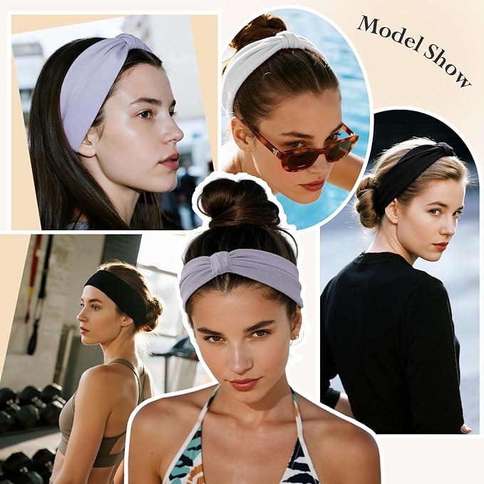 Headbands for Women, Wide Elastic Head Bands, Non-Slip Thick Hair Bands, Sports Stretchy Sweat Bands, Large Knotted Soft Headband for Washing Face, Makeup, Workout, Spa, Two Black/White/Gray