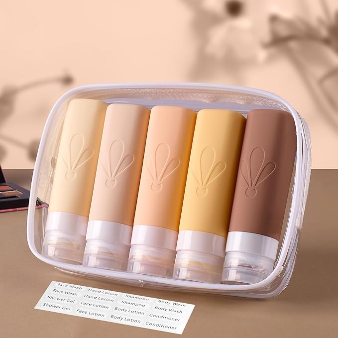 INSFIT Travel Bottles for Toiletries, TSA Approved 3oz Travel Size Containers, BPA Free Leak Proof Squeezable Silicone Tubes for Shampoo Conditioner Lotion Soap with Labels