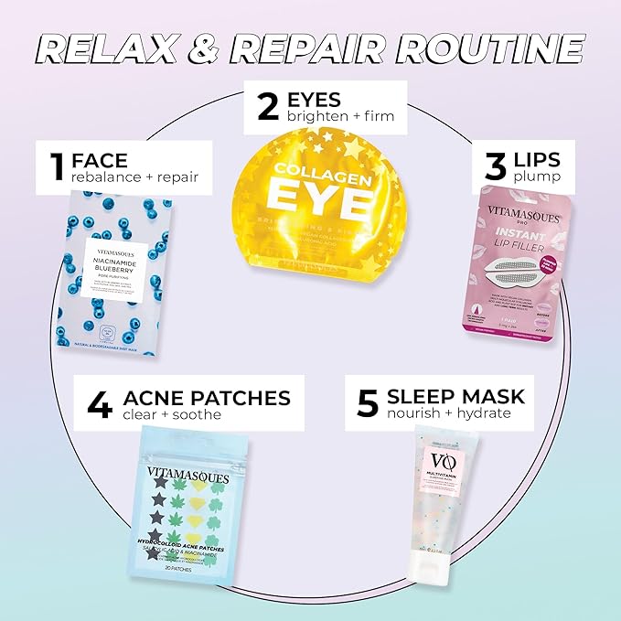 Vitamasques Niacinamide Blueberry Face Sheet Mask 7 Pack - Pore Purifying Korean Skin Care Sheet Face Mask Improves Uneven Skin Tone & Reduces Blemishes