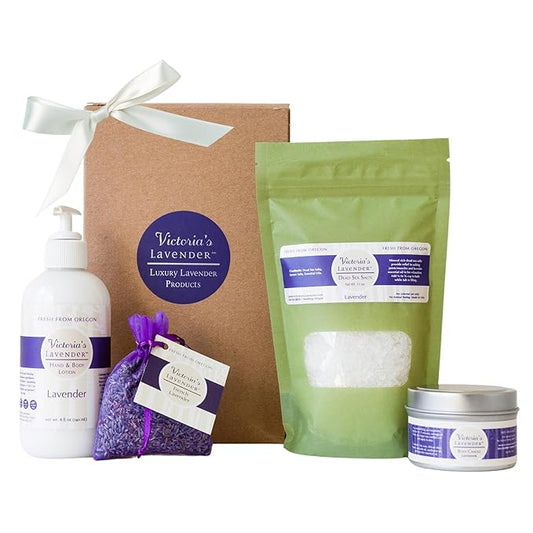 Victoria's Lavender Gift Basket for Women - Travel Massage Candle, Hand & Body Lotion, Bath Salts & Lavender Sachet, Skin Care, Beauty Products for Women, Body Wash Set, Spa Kit, Made in The USA