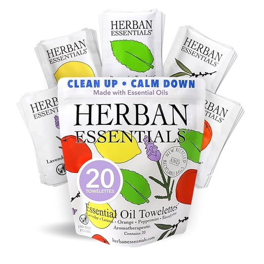 Herban Essentials - Assorted Wipes & Towelettes - Essential Oil Wipes for Hands, Face and Body - Travel Size Essentials and Toiletries - Natural, Individually Wrapped, Disposable and Moist (20 count)