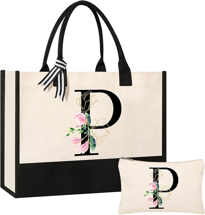 AYGE Personalized Initial Canvas Beach Tote, Monogrammed Gifts for Women, Makeup Bag, Birthday Gifts for Sister, Mom, Teacher, Bridesmaid