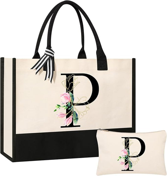 AYGE Personalized Initial Canvas Beach Tote, Monogrammed Gifts for Women, Makeup Bag, Birthday Gifts for Sister, Mom, Teacher, Bridesmaid