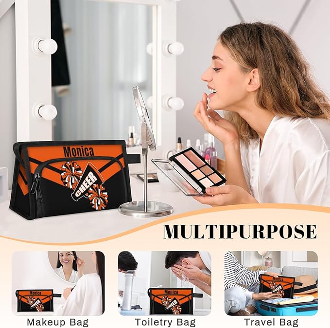 Custom-Makeup-Bag Personalized Travel Toiletry Bag Text Customized Cheer Makeup Bags Cosmetic Bags for Women With Divider & Handle Orange