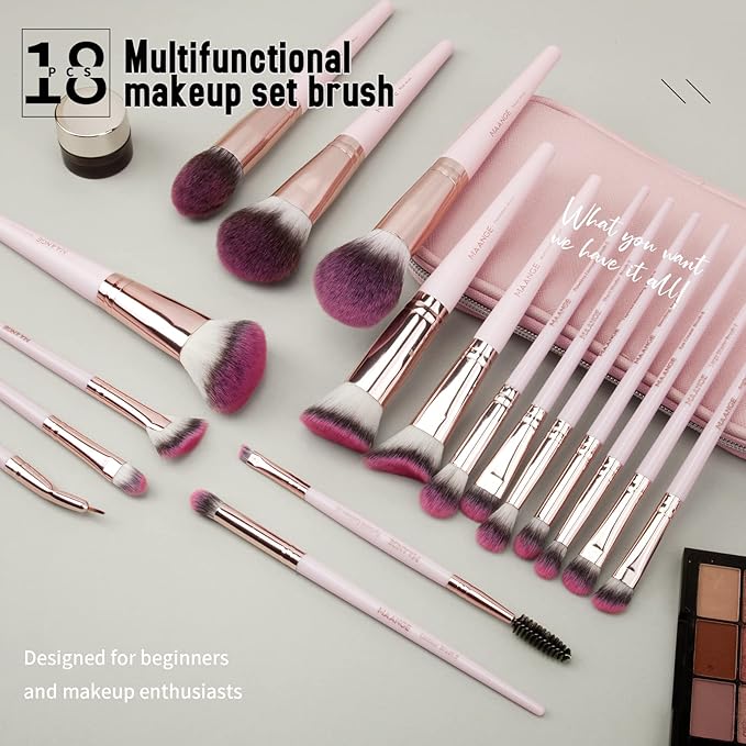 Makeup Brushes with Case, MAANGE 18 Pcs Professional Makeup Brush Set Premium Synthetic Face Kabuki Brush Kit Foundation Blush Powder Eyeshadow Brushes Set Christmas Gift (Pinkgold)