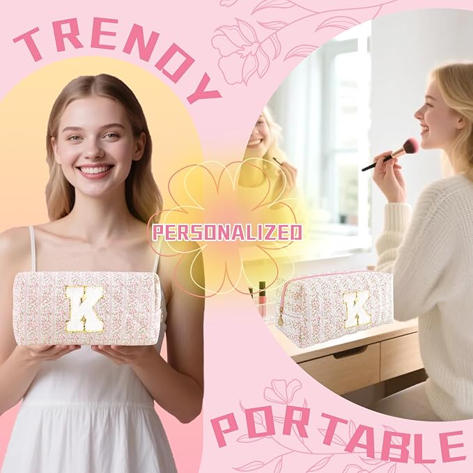 Personalized Quilted Cosmetic Bag, Puffy Monogrammed Christmas Birthday Gifts for Women & Girls, Cute initial Floral Makeup Bag Puffer Coquette Bag, Aesthetic Travel Toiletry Zipper Pouch(Pink,K)