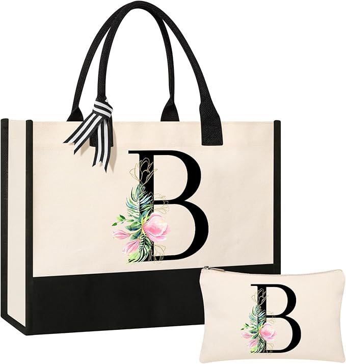 AYGE Personalized Initial Canvas Beach Bag Cosmetic Bags, Monogrammed Gifts for Women, Tote Bag, Makeup Bag, Birthday Gifts for Sister Mom Teacher Bridesmaid (B)