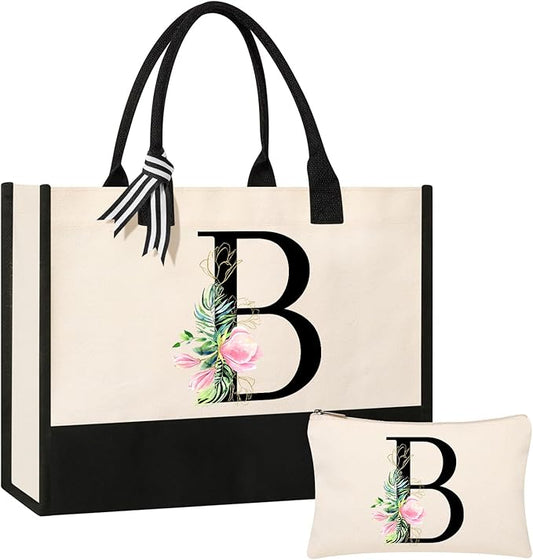 AYGE Personalized Initial Canvas Beach Bag Cosmetic Bags, Monogrammed Gifts for Women, Tote Bag, Makeup Bag, Birthday Gifts for Sister Mom Teacher Bridesmaid (B)