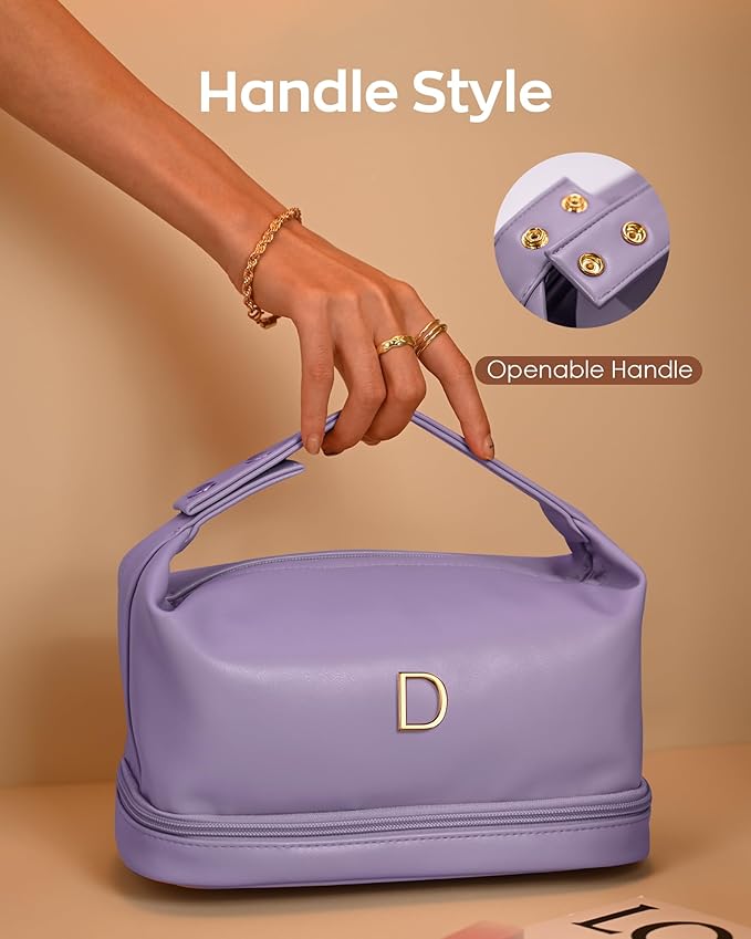 Gifts for Female, Personalized Makeup Bags with Handle, Waterproof Double Layer Cosmetic Bag, Large Capacity PU Leather Makeup Bags Letter Travel Toiletry Bag with Makeup Brush Organizer