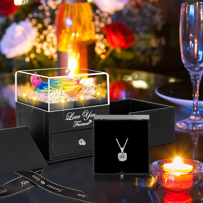 Preserved Color Real Rose with Heart I Love You Necklace -Eternal Flowers Rose Birthday Gifts for Women Her Mom Wife Girlfriend Grandma on Valentines Mothers Day Christmas Anniversary Romantic- Color