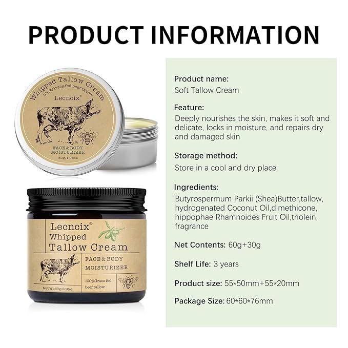 2PC Grass-Fed Beef Tallow for Skin,Tallow Face Moisturizer All-Natural Skin Care,Beef Tallow for Body & Face Moisturizer(Original,2.12+1.06Oz)