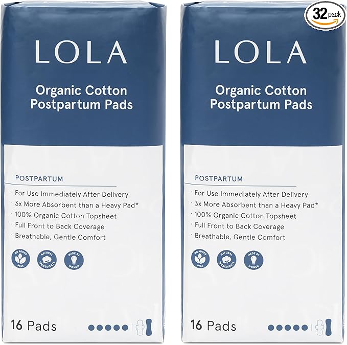 LOLA Organic Cotton Postpartum Pads - 32 Count, Ultra Absorbent and Extra Long Pads, Overnight and Full Coverage, Adult Incontinence Pad for Women, Postpartum Essentials