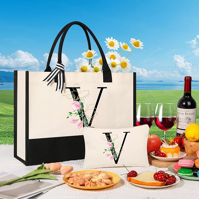 AYGE Personalized Initial Canvas Beach Tote, Monogrammed Gifts for Women, Makeup Bag, Birthday Gifts for Sister, Mom, Teacher, Bridesmaid