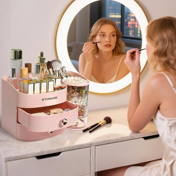 Makeup Organizer Countertop with Drawers, Make up Organizers for Vanity, Skincare Jewelry Earring Organizers, Cosmetic Display Cases Makeup Storage for Bedroom & Bathroom, Ideal Gifts for Women(Pink)