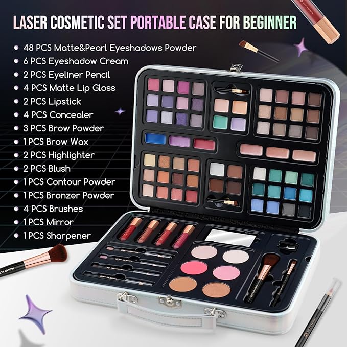 Color Nymph Kids Makeup Sets for Girls, Teen Makeup Kits for Beginner Starter with Silver Case, Portable Traveling Full Makeup Kit with Everything, Cosmetics Makeup Gift Set for Birthday