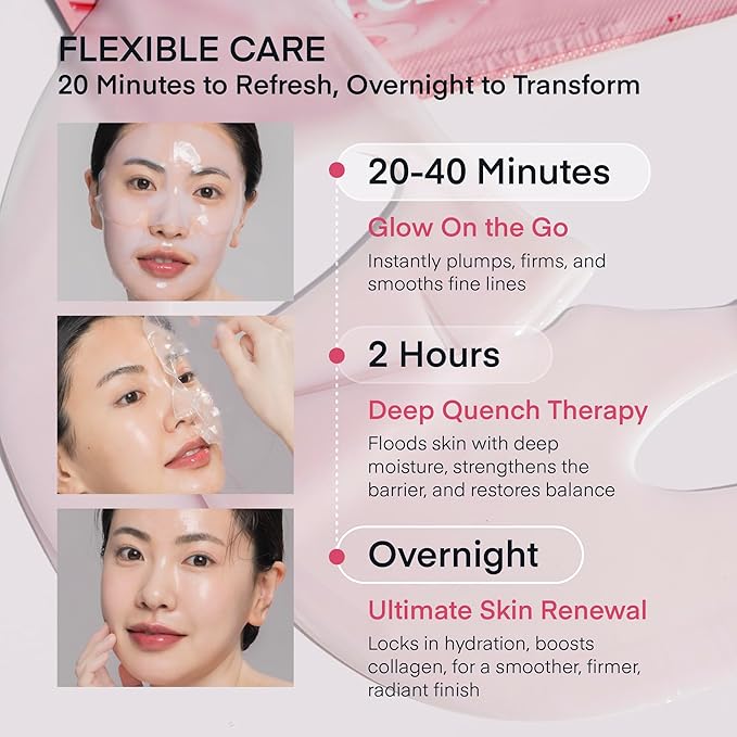 TEREZ & HONOR Korean Real Deep Bio Collagen Face Mask - 4 x 33g Hydrogel Overnight Masks for Deep Hydration, Glowing, Pore Minimizing, Elasticity, Fragrance-Free, 100 Da Ultra-Low Molecular Collagen