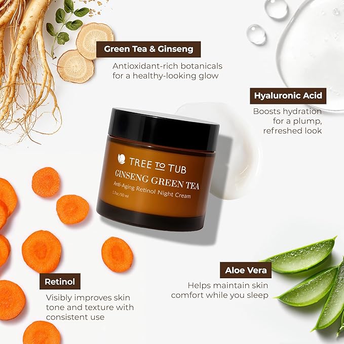 Tree to Tub Retinol Anti Aging Face Moisturizer for Dry & Sensitive Skin - Anti Wrinkle Hyaluronic Acid Facial Moisturizer, Vitamin A & E Night Cream for Women & Men w/Organic Aloe, Natural Ginseng