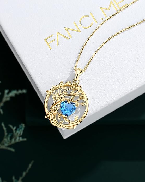 FANCIME Tree of life Birthstone necklace Sterling Silver Pendant Birthstone Necklace Gemstone Anniversary Birthday Jewelry Christmas Gifts for Mom Her Wife