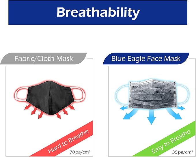 4-PLY BlueEagle Individually Wrapped Disposable Adult Face Masks | Fit for Large Face | with Activated Carbon Filter | Black Color - 50 Pcs (Charcoal Black)