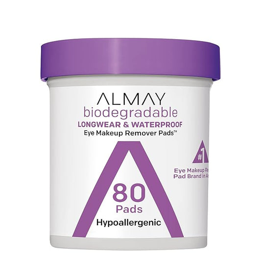 Almay Biodegradable Makeup Remover Pads, Longwear & Waterproof, Hypoallergenic, Fragrance-Free, Dermatologist & Ophthalmologist Tested, 80 Count