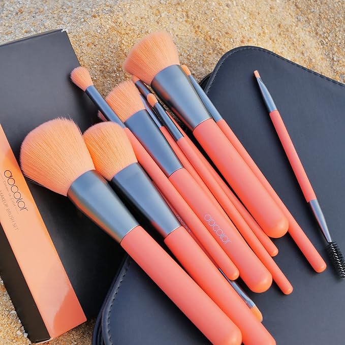Docolor Makeup Brushes 10Pcs Makeup Brush Set Premium Synthetic Powder Foundation Contour Blush Concealer Eye Shadow Blending Liner Make Up Brush Kit - Neon Peach